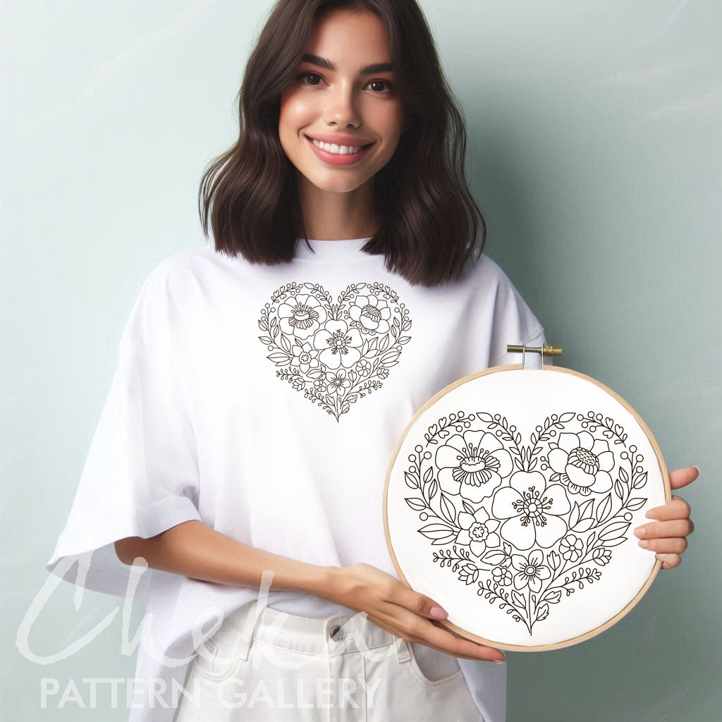 Floral heart, Red Flower embroidery design, Hand Embroidery pattern, Hand Embroidery, St Valentin embroidery pattern, Hoop art,Handmade gift