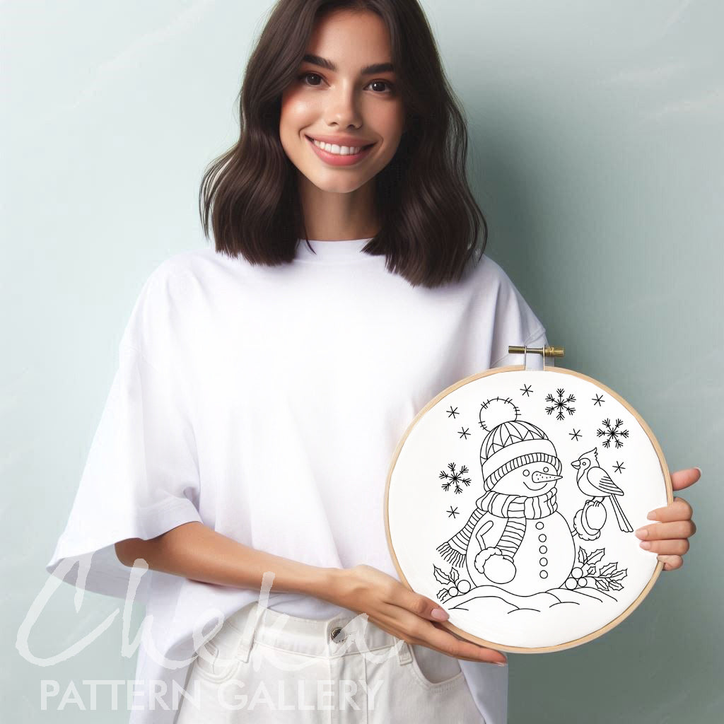 Snowman, Hand Embroidery Pattern, Christmas Hand Embroidery Design PDF, Cozy Winter Scene,  DIY Craft