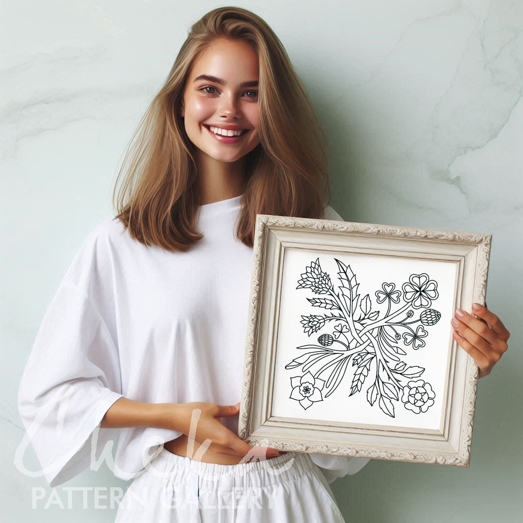 United Kingdom Symbols. Plant symbols of England: the rose, daffodil, clover, thistle. Hand embroidery pattern PDF. Hoop Art