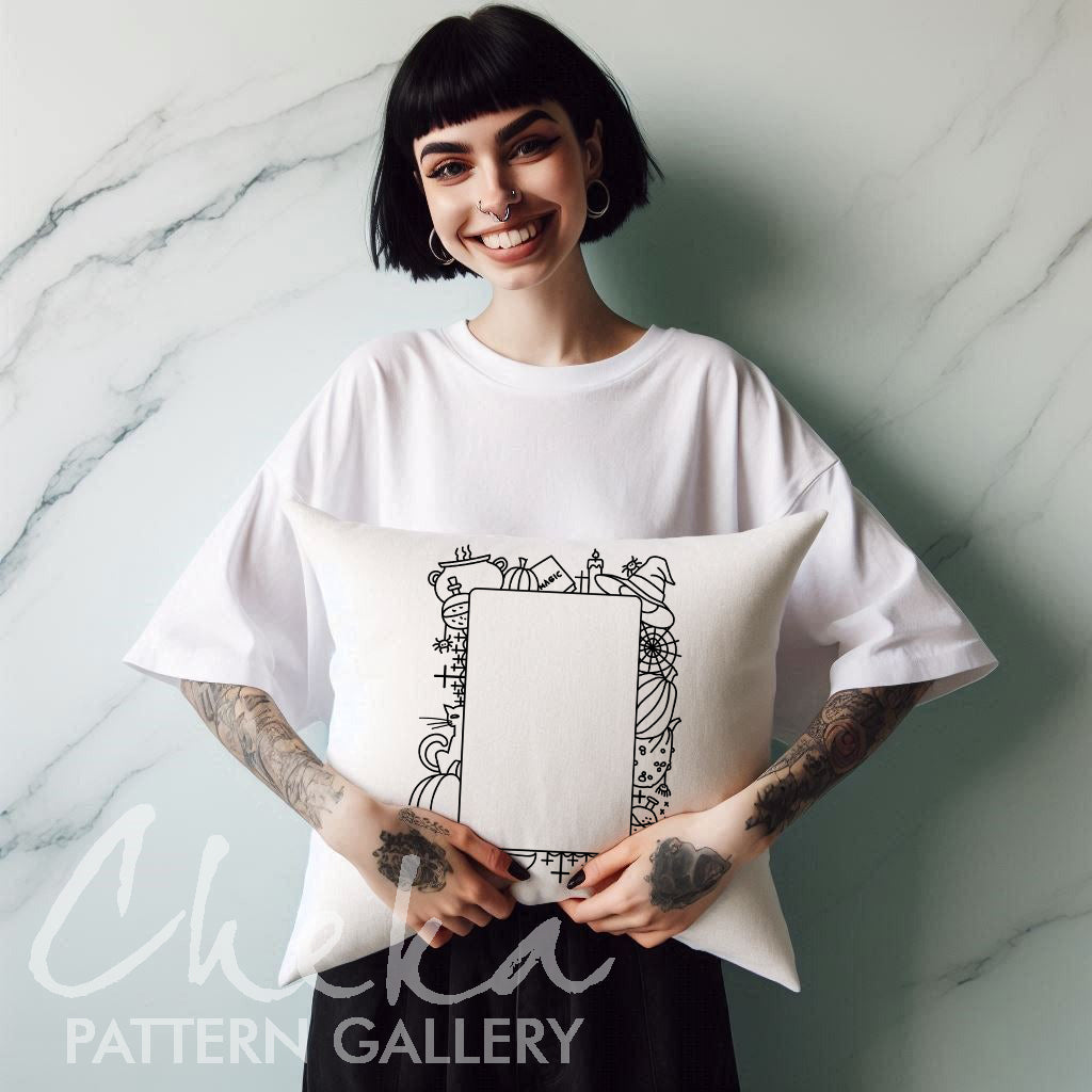 Photo frame, Halloween hand embroidery pattern, handmade embroidered frame, spooky season, digital embroidery pattern PDF. Scary Embroidery