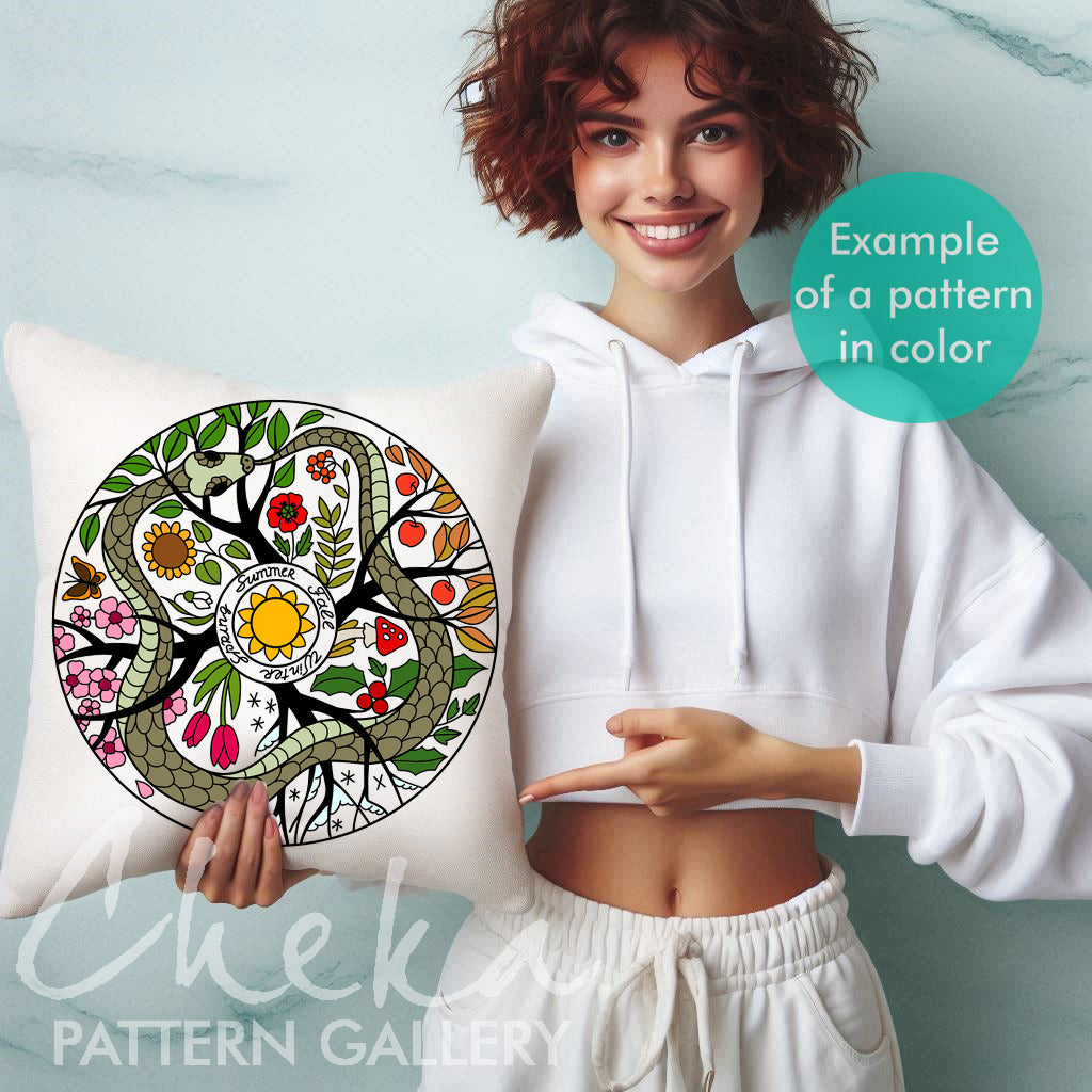 Phenology wheel pattern, The Ouroboros. Phenology wheel template with a snake, calendar to embroider the seasons. PDF embroidery pattern