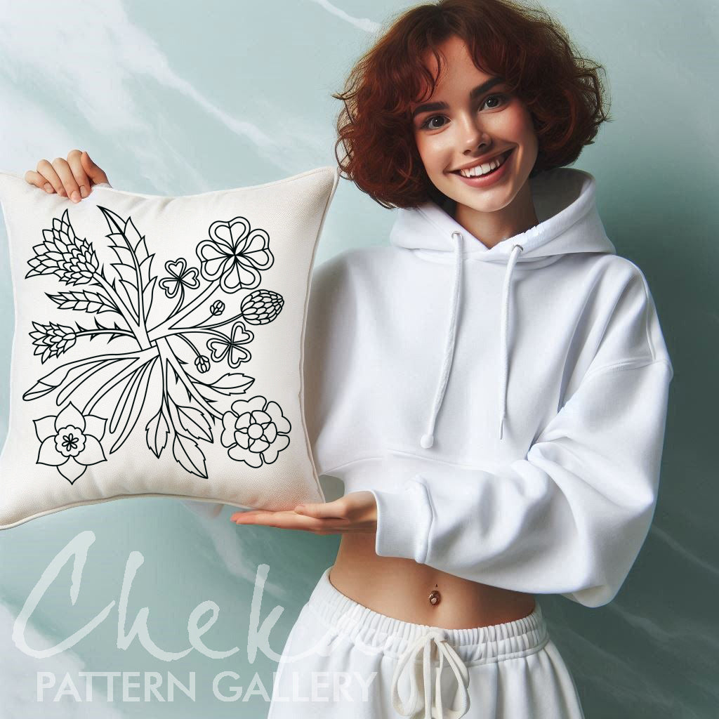 Symbols of England: the rose, daffodil, clover, thistle. United Kingdom Symbols. Hand embroidery pattern PDF. Hoop Art