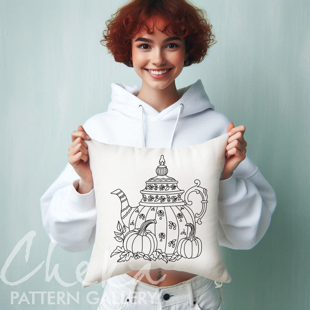 Teapot embroidery pattern, Floral Tea Embroidery, Autumn Embroidery Pattern, Pumpkins and Autumn Foliage, Fall hoop art, modern embroidery