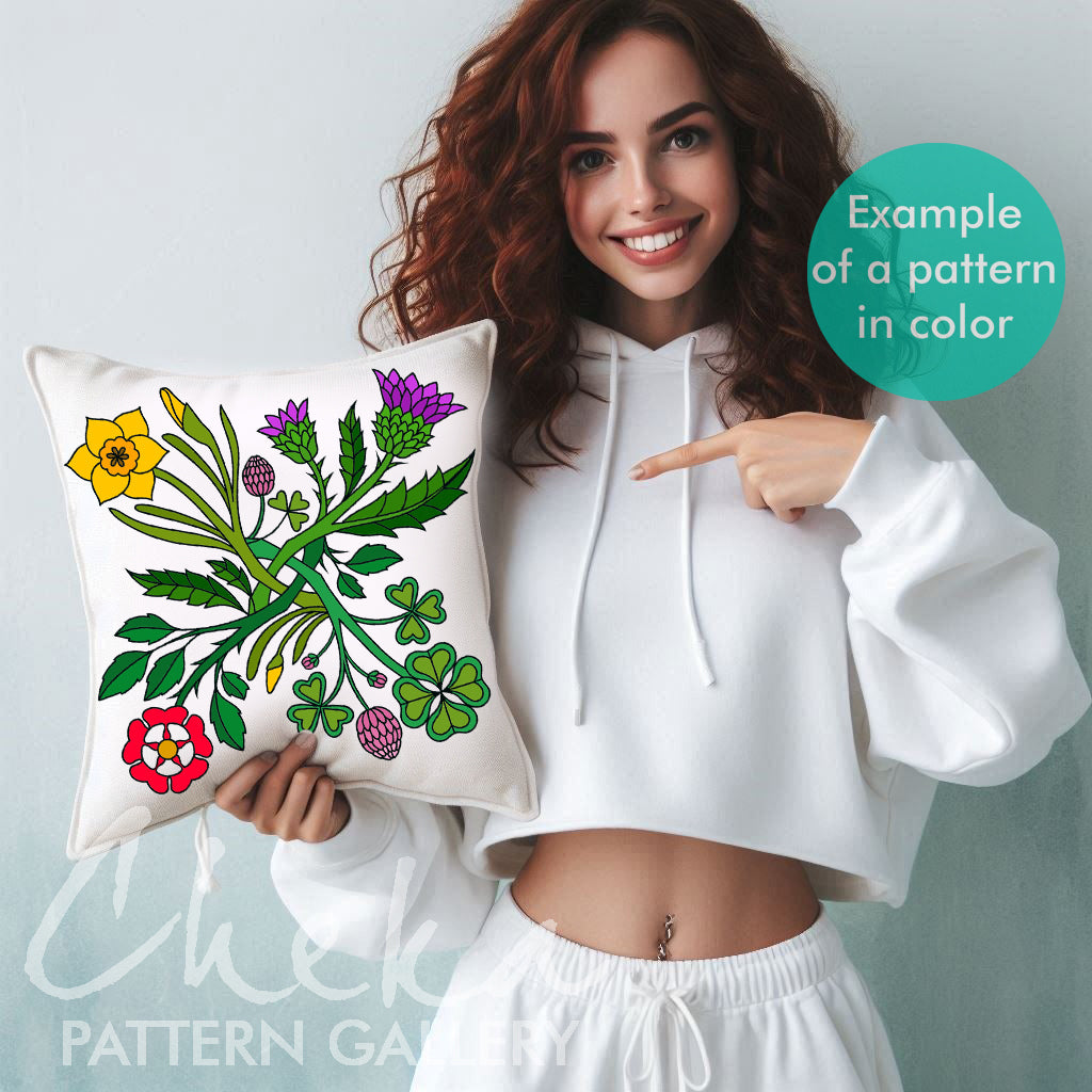 United Kingdom Symbols. Plant symbols of England: the rose, daffodil, clover, thistle. Hand embroidery pattern PDF. Hoop Art