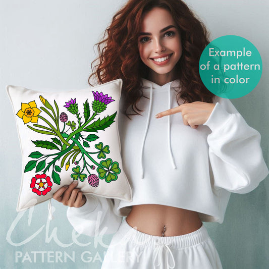 United Kingdom Symbols. Plant symbols of England: the rose, daffodil, clover, thistle. Hand embroidery pattern PDF. Hoop Art