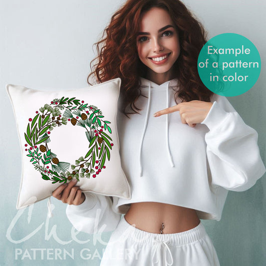 Festive wreath made of spruce and leaves. Floral embroidery pattern PDF. Christmas DIY Embroidery template