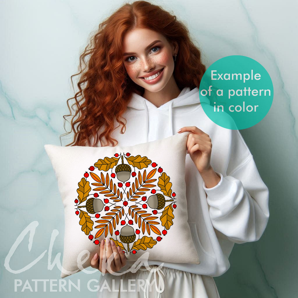 Oak hand embroidery pattern. PDF template with oak leaves, berries and acorns, Modern hoop art. Acorns embroidery pattern, fall embroidery