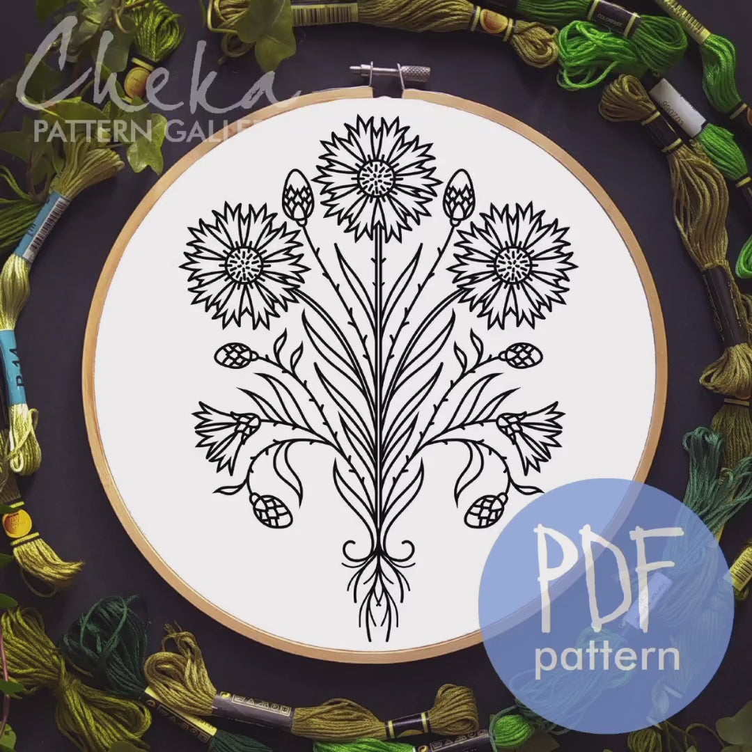 Blue Cornflower, embroidery pattern. Decorative embroidery cornflower pattern. A pattern for decoration in a rural style, hand embroidery.