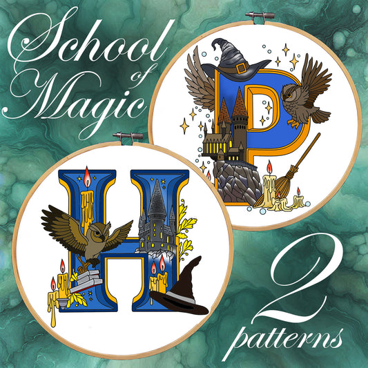 The school of magic. Hogwarts monogram. The magic school monogram. Embroidery kit, set of 2 hand embroidery patterns "HP" Magic initials PDF