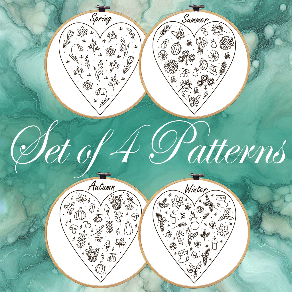 Set of 4 Seasons Hearts Hand Embroidery Pattern. Heart Four Seasons embroidery, Modern Hand Embroidery Pattern. Digital download, DIY crafts