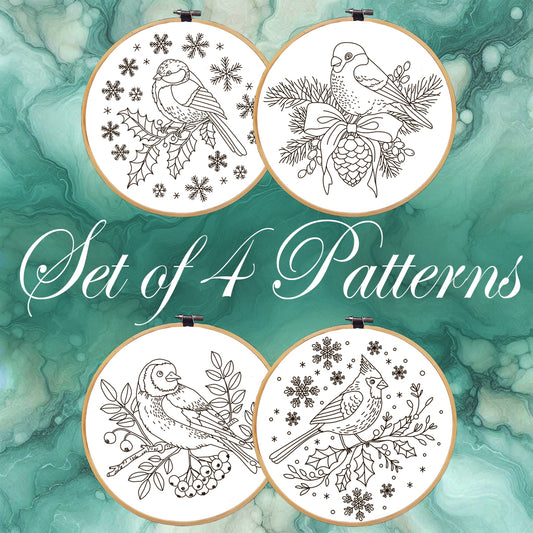 Winter Birds Embroidery bundle, set of 4 hand embroidery patterns. PDF Embroidery patterns with cardinal, titmouse, goldfinch and bullfinch