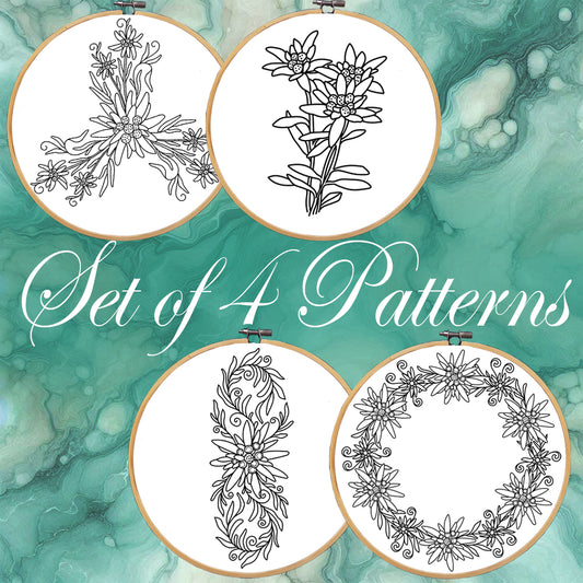 Edelweiss, set of 4 hand embroidery patterns. Edelweiss design, white mountain flower. Botanical embroidery. Austrian Folk embroidery designs
