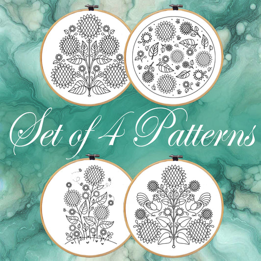 Sunflower Embroidery bundle, set of 4 floral hand embroidery patterns. Embroidery patterns with sunflowers. Digital embroidery bundle