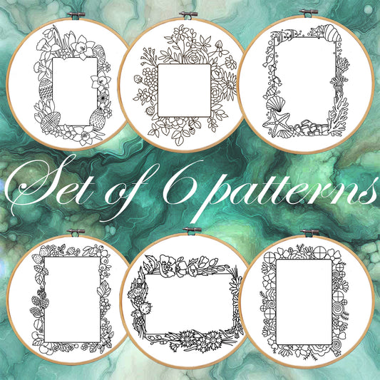 Photo Frames Embroidery bundle, set of 6 floral hand embroidery patterns. Embroidery Frame patterns with flowers, shells and berries