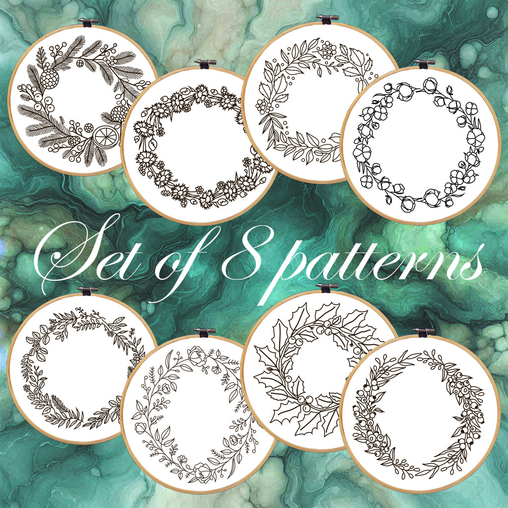 Floral Wreath Embroidery bundle, set of 8 floral hand embroidery patterns. Embroidery patterns with floral wreath designs,Pattern Collection