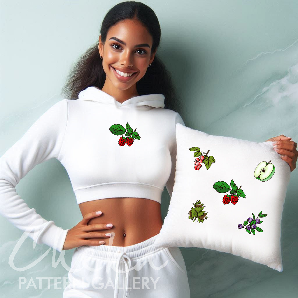 cottage style pillow case, Floral embroidery with vegetables, fruits and berries. Embroidery bundle, set of 12 small hand embroidery patterns. Cottage style embroidery