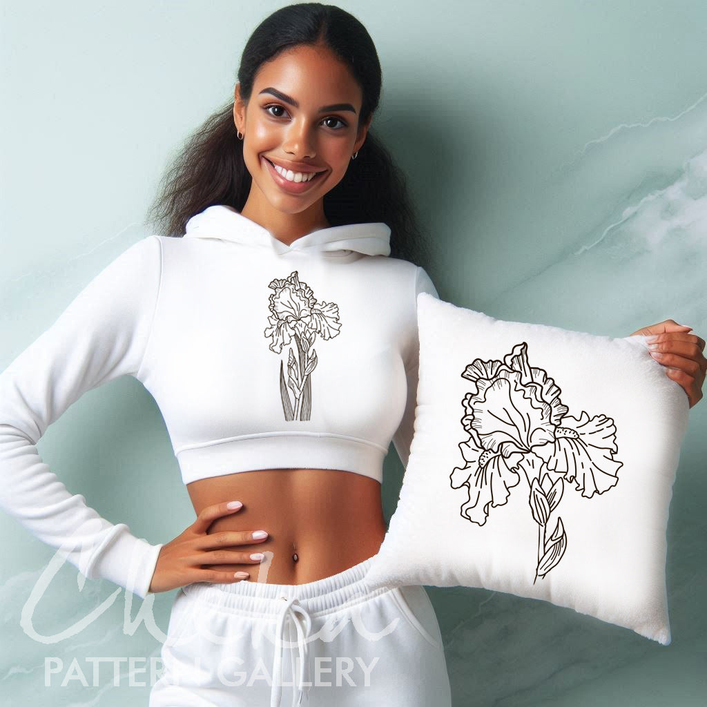 iris flower pillowcase, Floral embroidery, iris pattern. Botanical embroidery, beautiful iris flower. Digital pattern for hand embroidery.