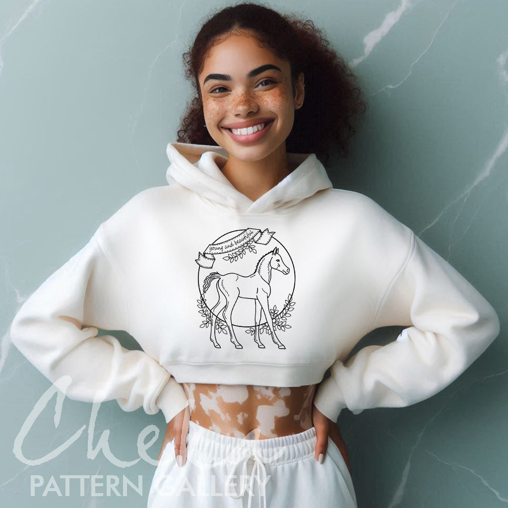 foal hoodie, Foal Embroidery, Foal embroidery pattern. A baby horse with flowers, a simple pattern for hand embroidery