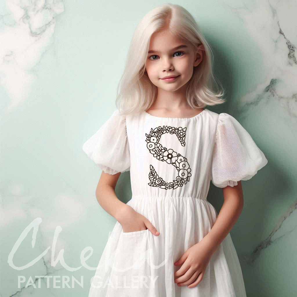 girls dress, Floral S letter embroidery. Floral monogram. Floral alphabet embroidery, letter embroidery pattern. Hoop art, The letter "S" digital pattern