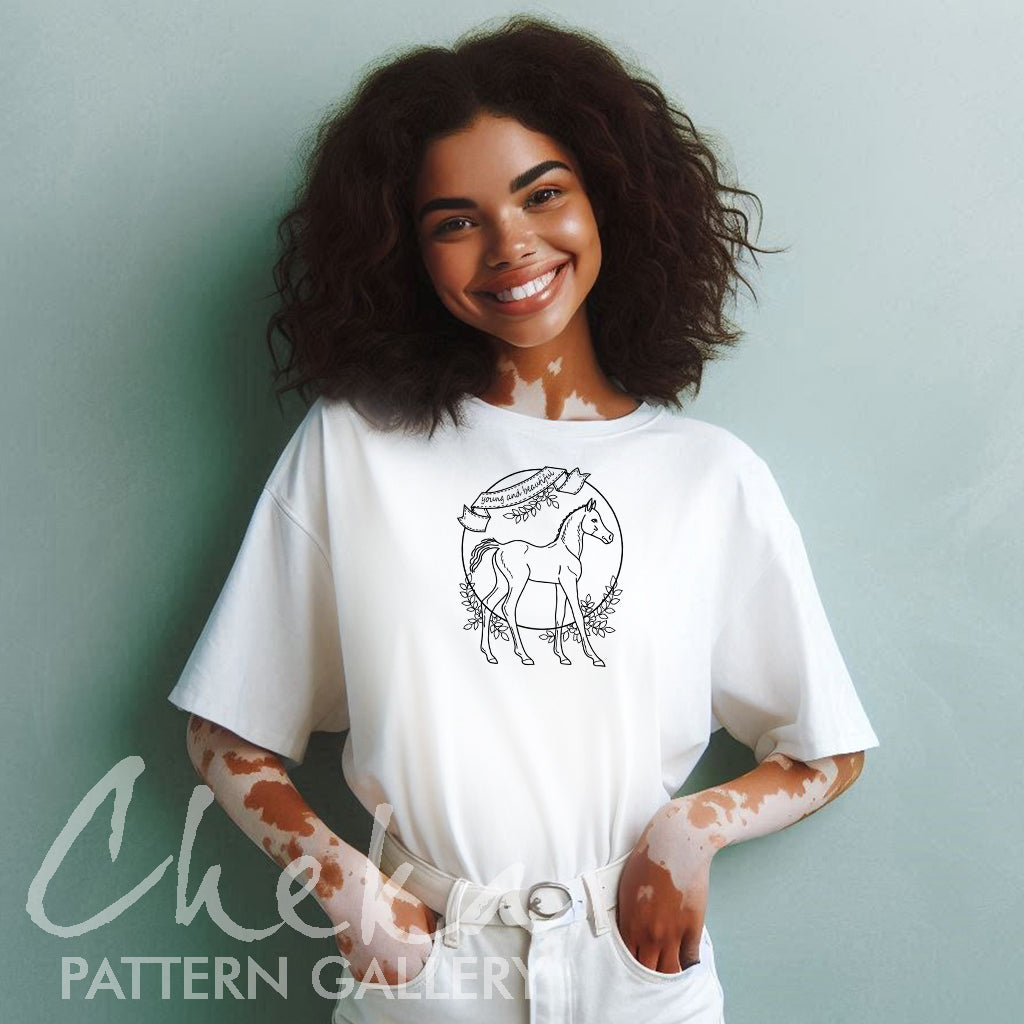 foal pattern t-shirt, Foal Embroidery, Foal embroidery pattern. A baby horse with flowers, a simple pattern for hand embroidery