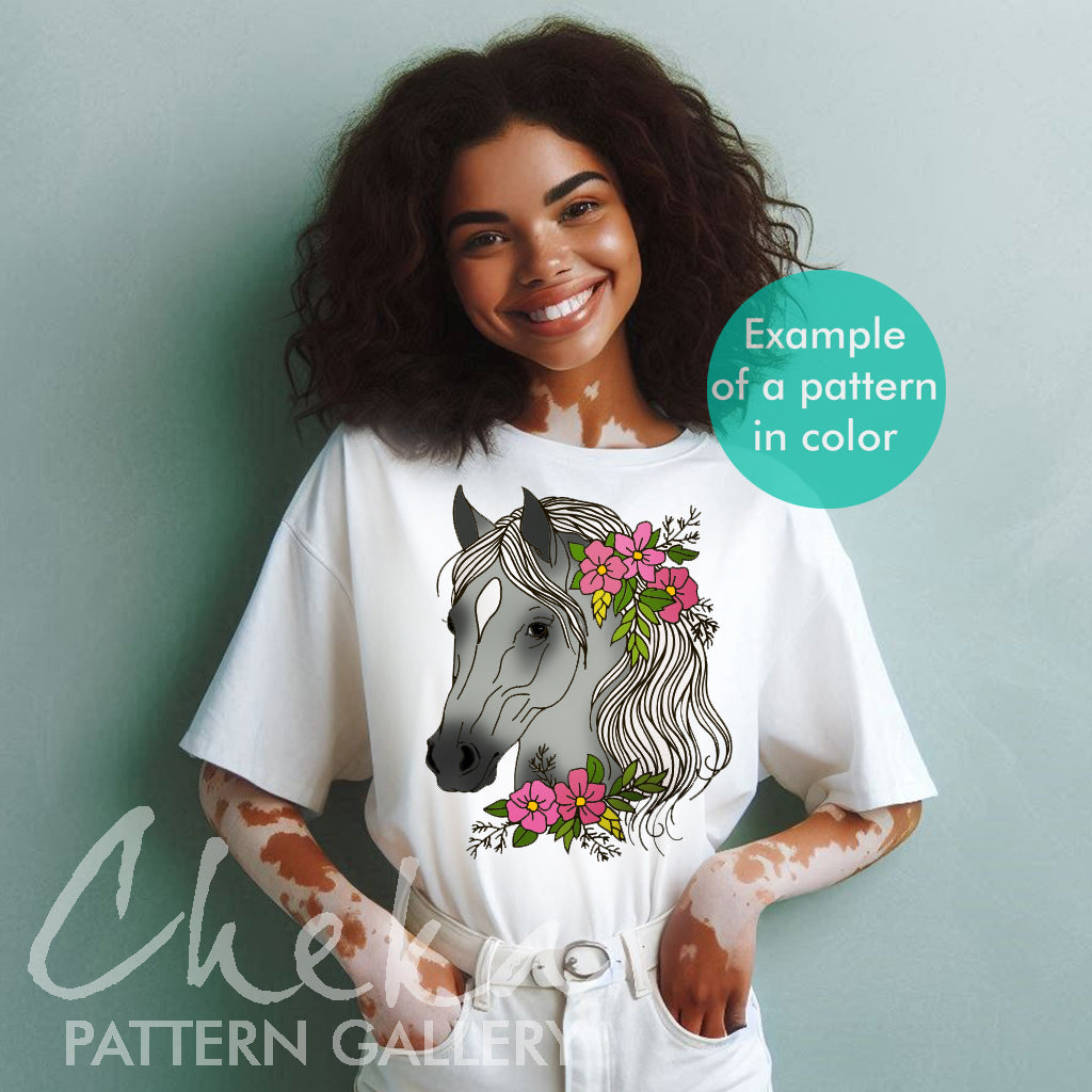 horse tshirt, Horse embroidery pattern. Horse with flowers, hand embroidery template. Simple embroidery with horse and flowers. Horse digital portrait PDF