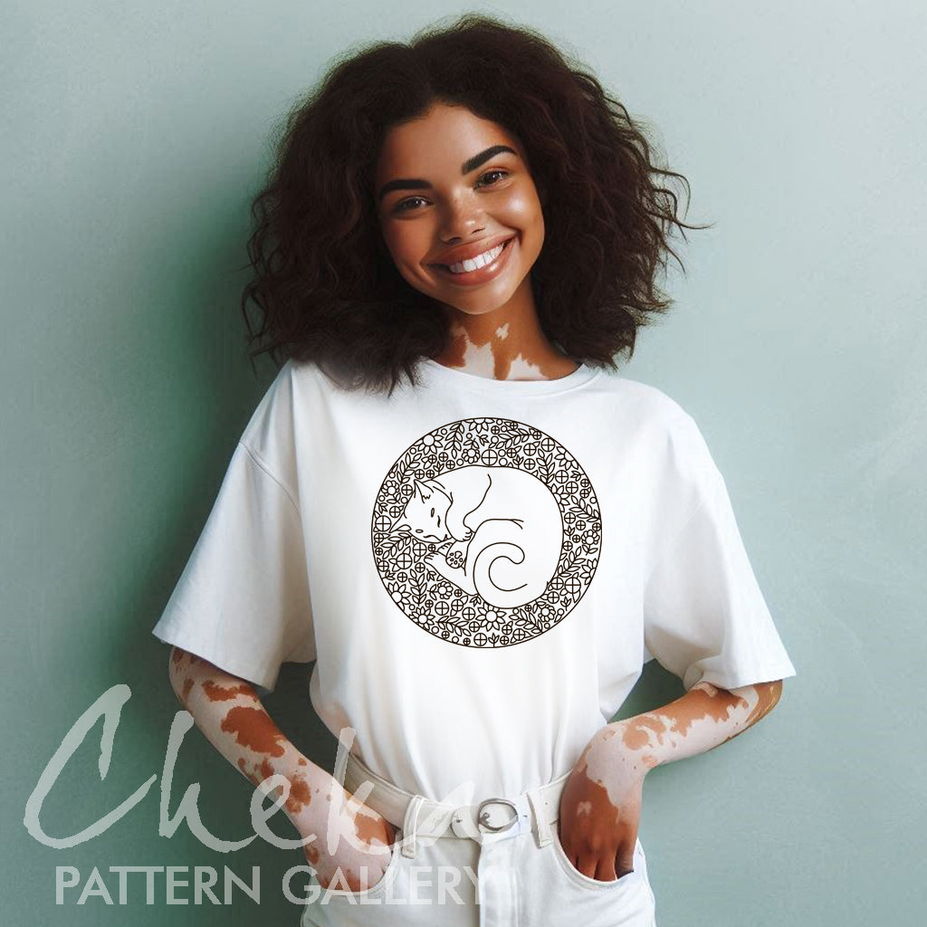 woman owersize t-shirt cat pattern, A cute cat sleeping in flowers. Sleeping cat, embroidery pattern. Digital pattern for hand embroidery. Portrait of a cat, cat lover gift