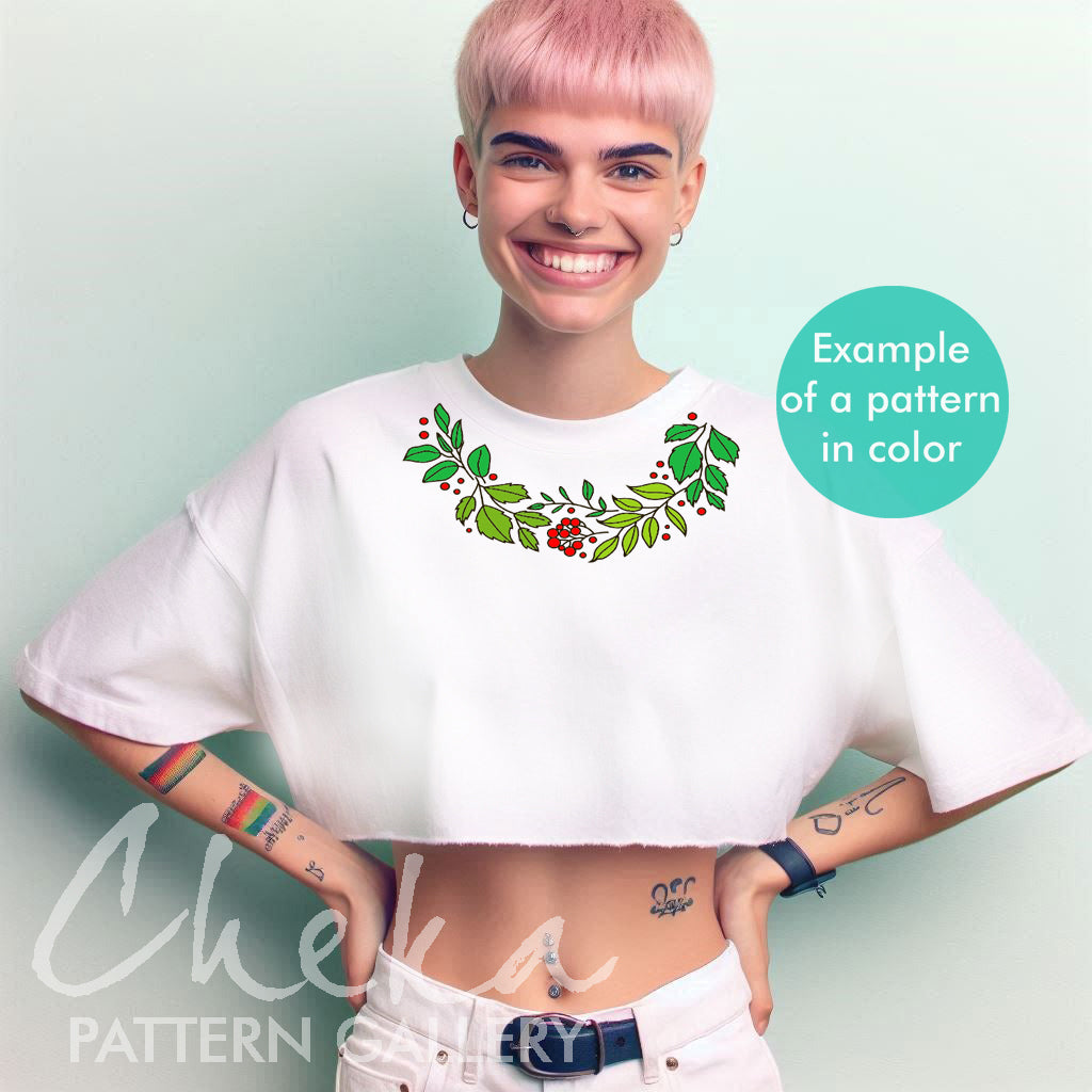 floral pattern t-shirt,Floral embroidery pattern, garden embroidery. A wreath with wild berries and leaves. Beautiful handmade pattern for hand embroidery PDF.