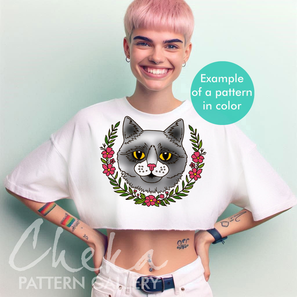 cat tshirt Cat and flowers Embroidery, Cute Cat Embroidery, Cat Lover, Modern Cat Embroidery. Pet Portrait, Cute fluffy cat, hand embroidery pattern