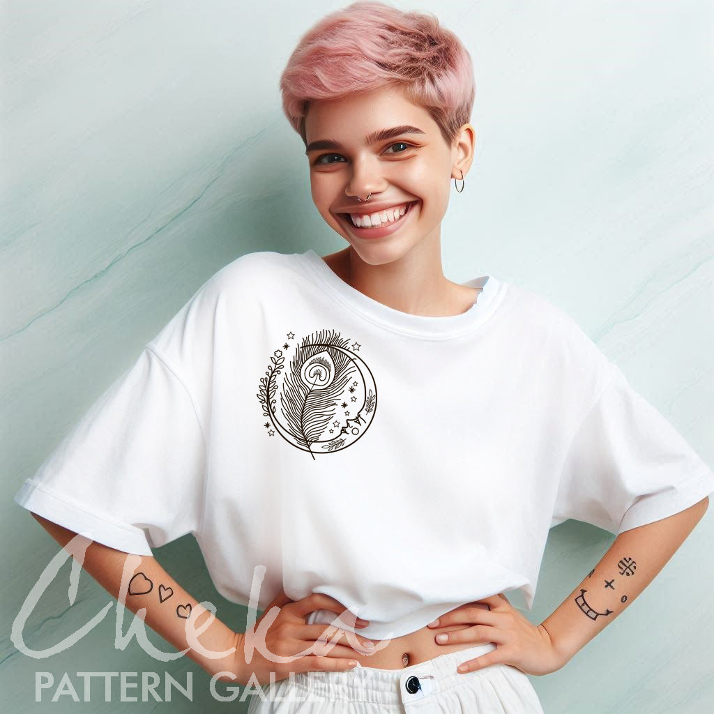 peacock t-shirt, Peacock feather and moon. Simple embroidery pattern. Small peacock feather with a lunar cycle, template for hand embroidery. Peacock pattern