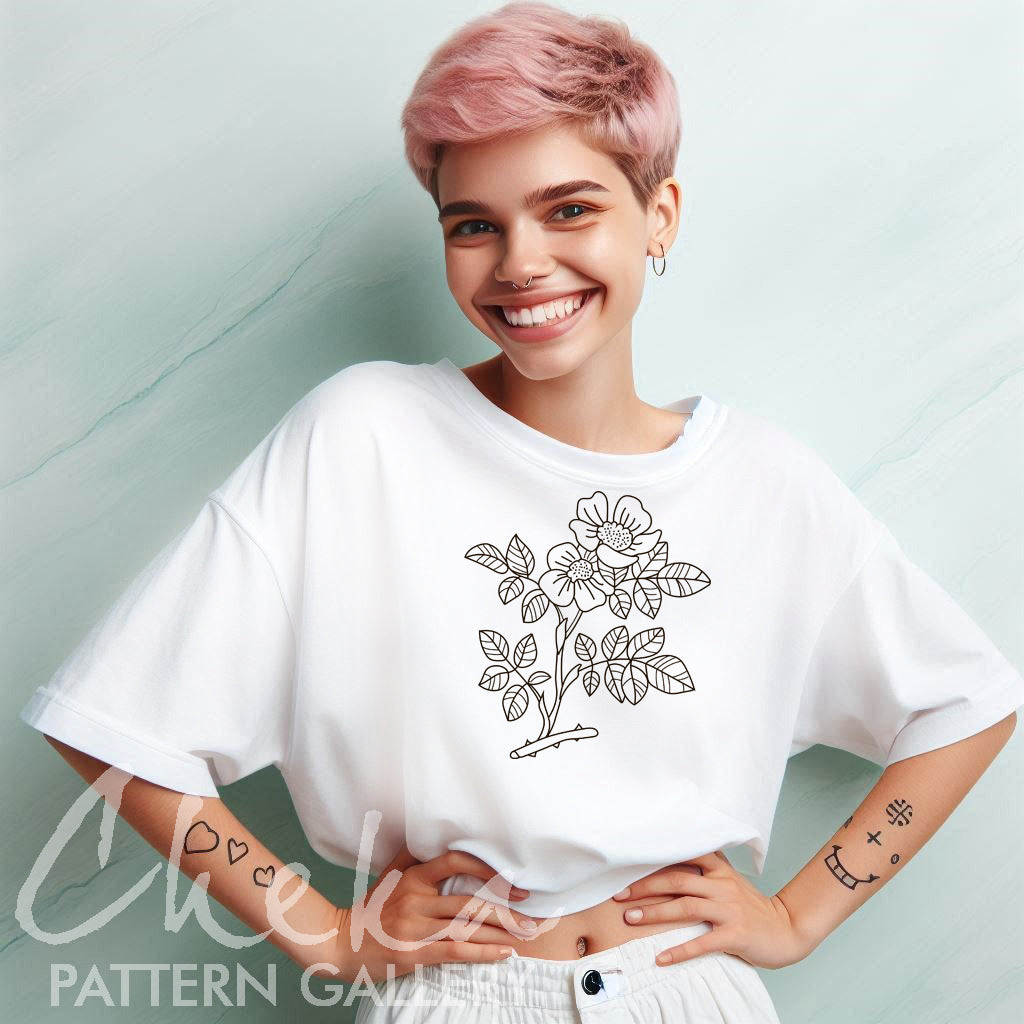 Wild rose, hand embroidery pattern PDF, branch of pink forest rose, wild roses. Embroidery for Beginners, Flower Embroidery Design