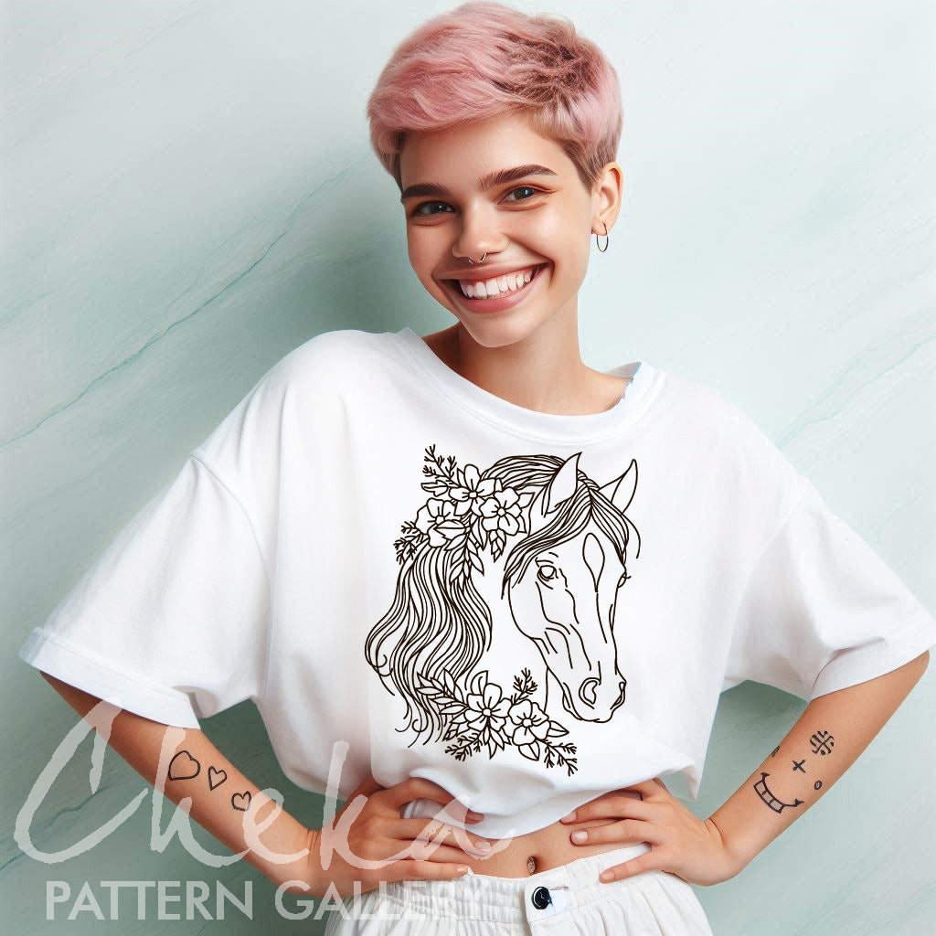 woman horse shirt, Horse embroidery pattern. Horse with flowers, hand embroidery template. Simple embroidery with horse and flowers. Horse digital portrait PDF