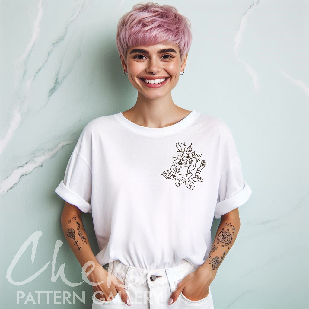 roses t-shirt, Big rose pattern, digital pattern for hand embroidery. Large rose flower. Floral Embroidery Pattern, floral sewing pattern