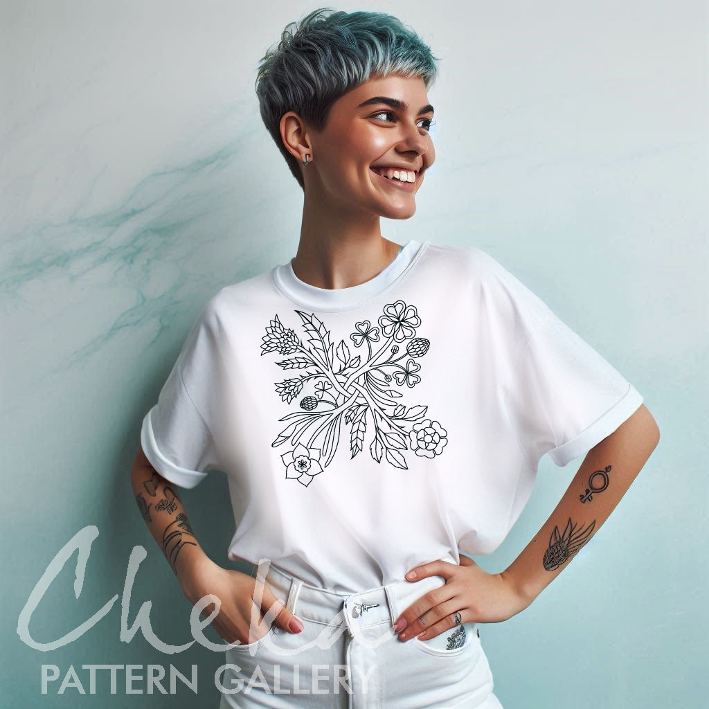 United Kingdom Symbols. Plant symbols of England: the rose, daffodil, clover, thistle. Hand embroidery pattern PDF. Hoop Art