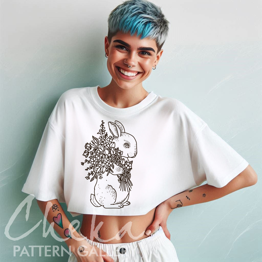 rabbit flowers tshirt, Mother's Day embroidery pattern pdf,two cute rabbits with flowers,Mother's Day gift, hand embroidery pattern for Mother's Day, flower pattern