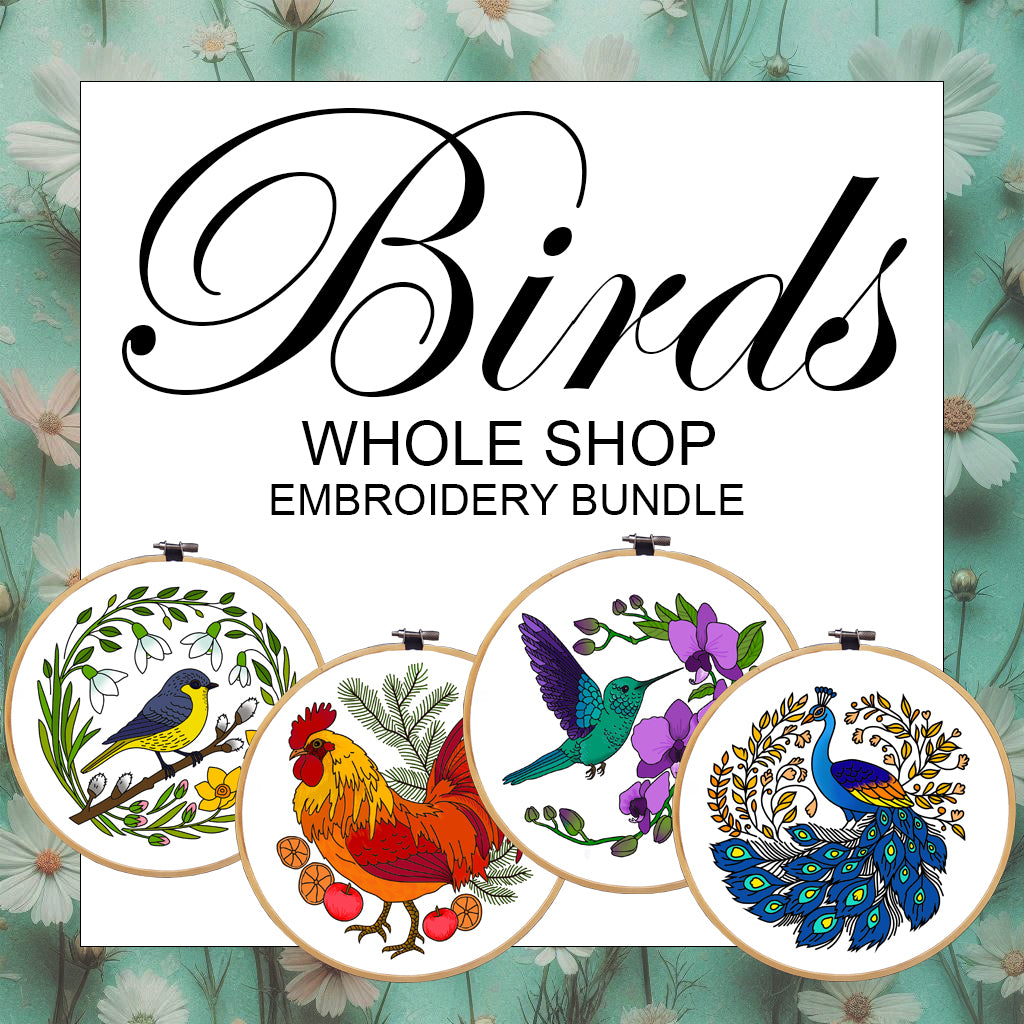 Birds, Whole store embroidery bundle. Hand embroidery designs and templates PDF. Patterns with roosters, peacocks, hummingbirds, chickadees