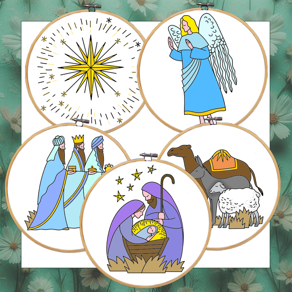 Nativity Scene, Set of 5 Hand Embroidery Patterns, Christmas Nativity, Baby Jesus Embroidery, Christmas, Holiday embroidery