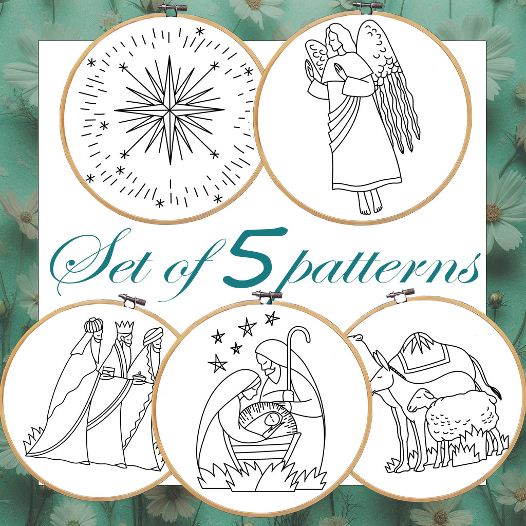 Set of 5 embroidery patterns in hoops on a floral background
