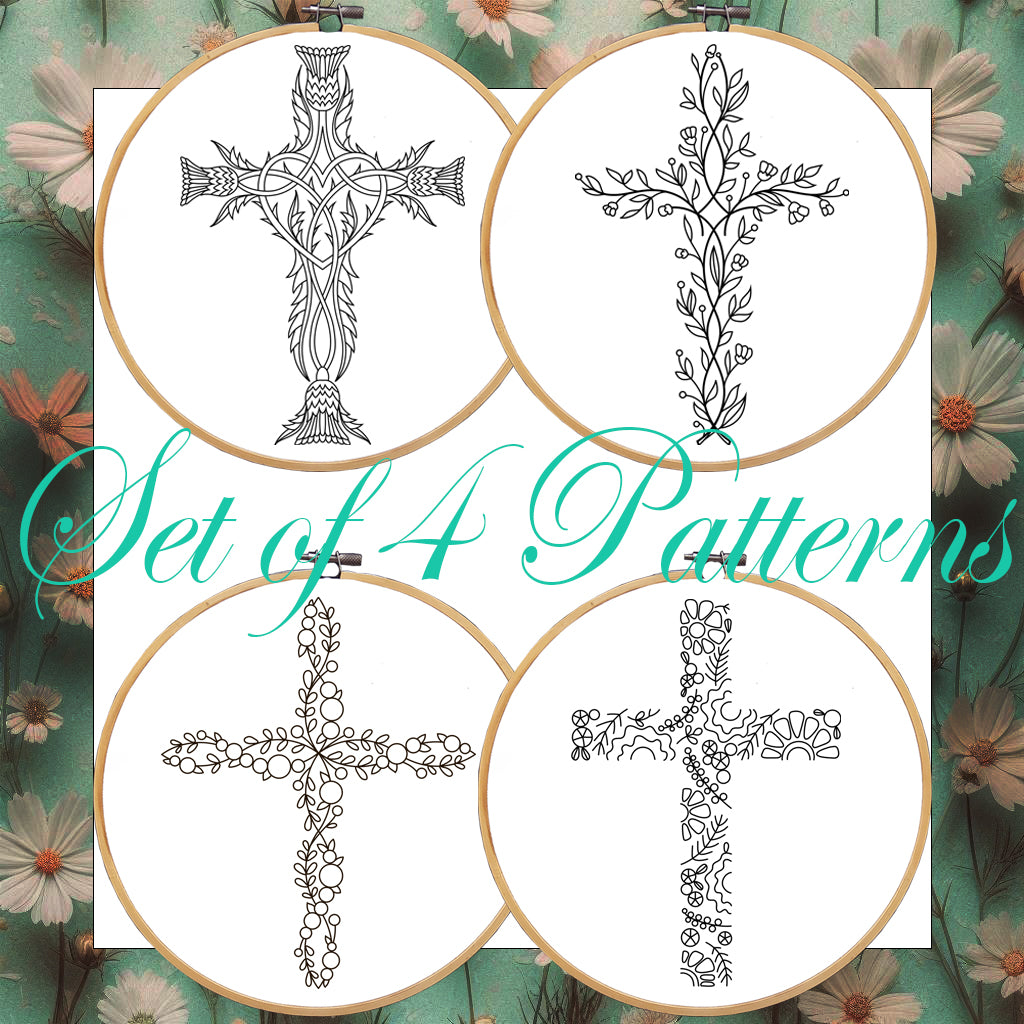 Set of four cross patterns in embroidery hoops with floral background