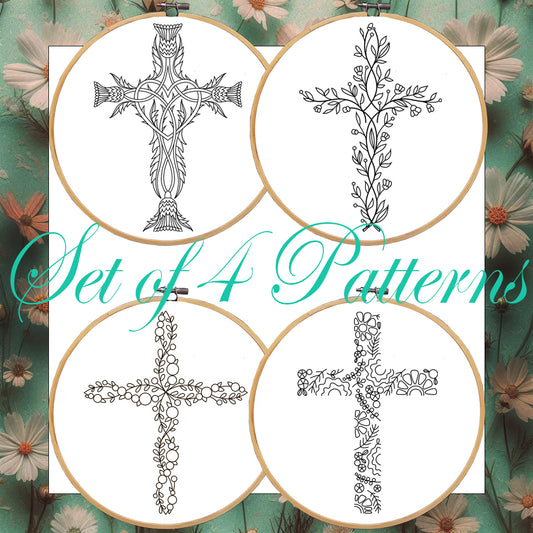 Set of four cross patterns in embroidery hoops with floral background