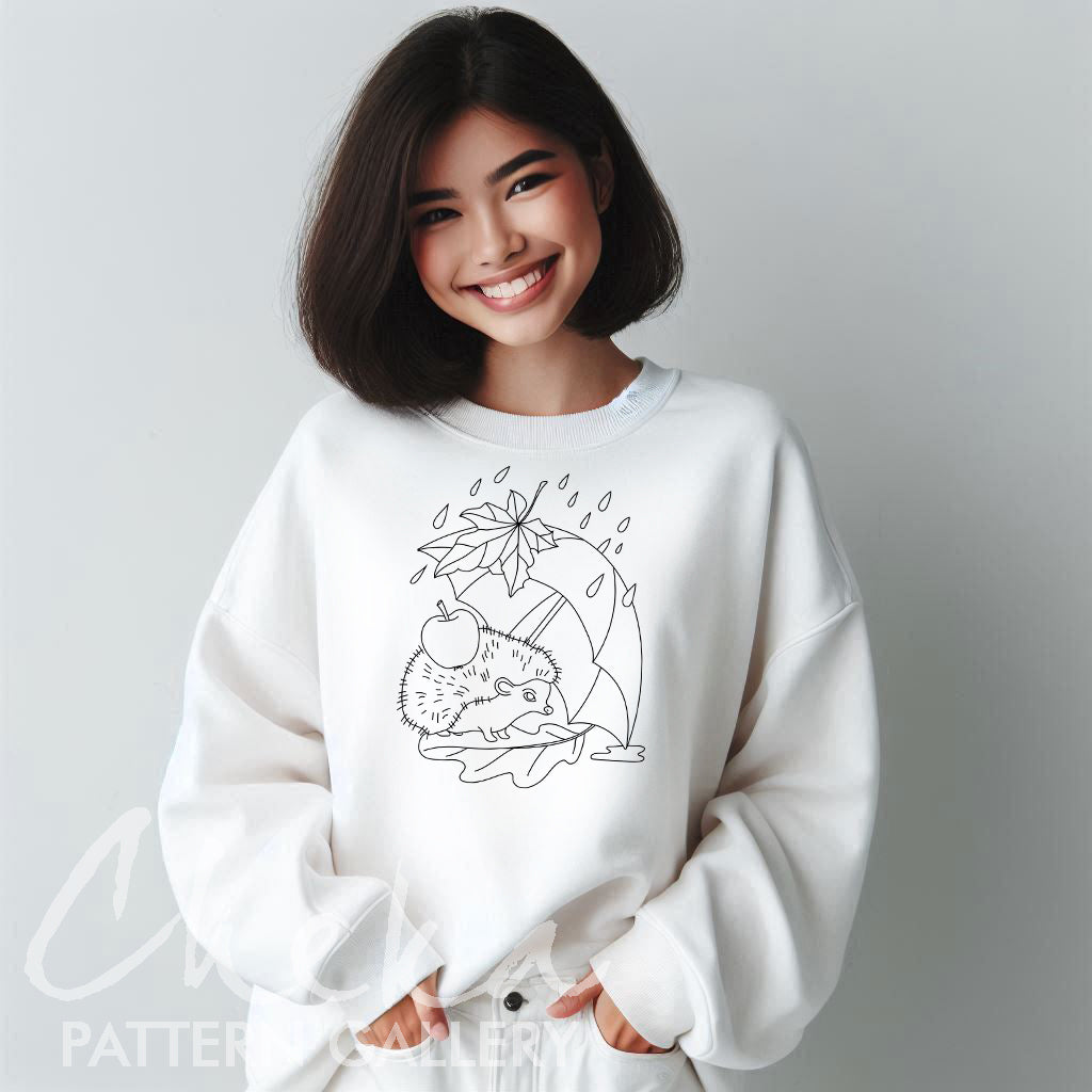 Hedgehog And an umbrella, Satin Stitch Pattern PDF, Fall design, beginner embroidery, Modern craft, Needlepoint pattern, Easy DIY