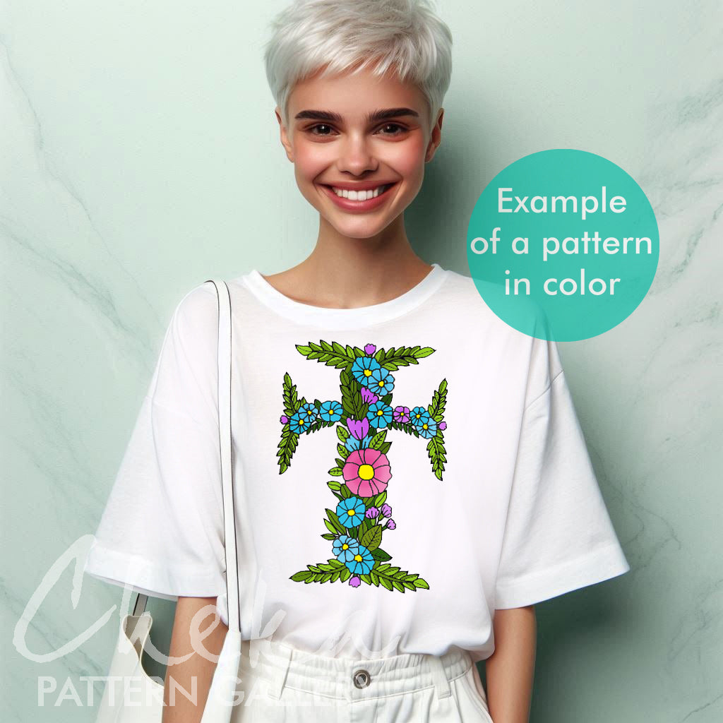 Cross Embroidery Pattern. Floral Cross, Christian Hand Embroidery. Easter Springtime Catholic Religious hand embroidery, handmade gift, catholic shirt