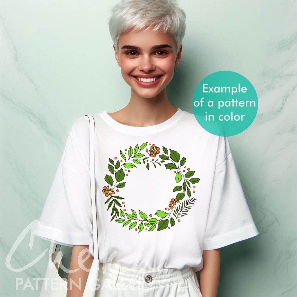 white woman shirt, Floral embroidery pattern, garden embroidery. A wreath with wild berries and leaves. Beautiful handmade pattern for hand embroidery PDF.