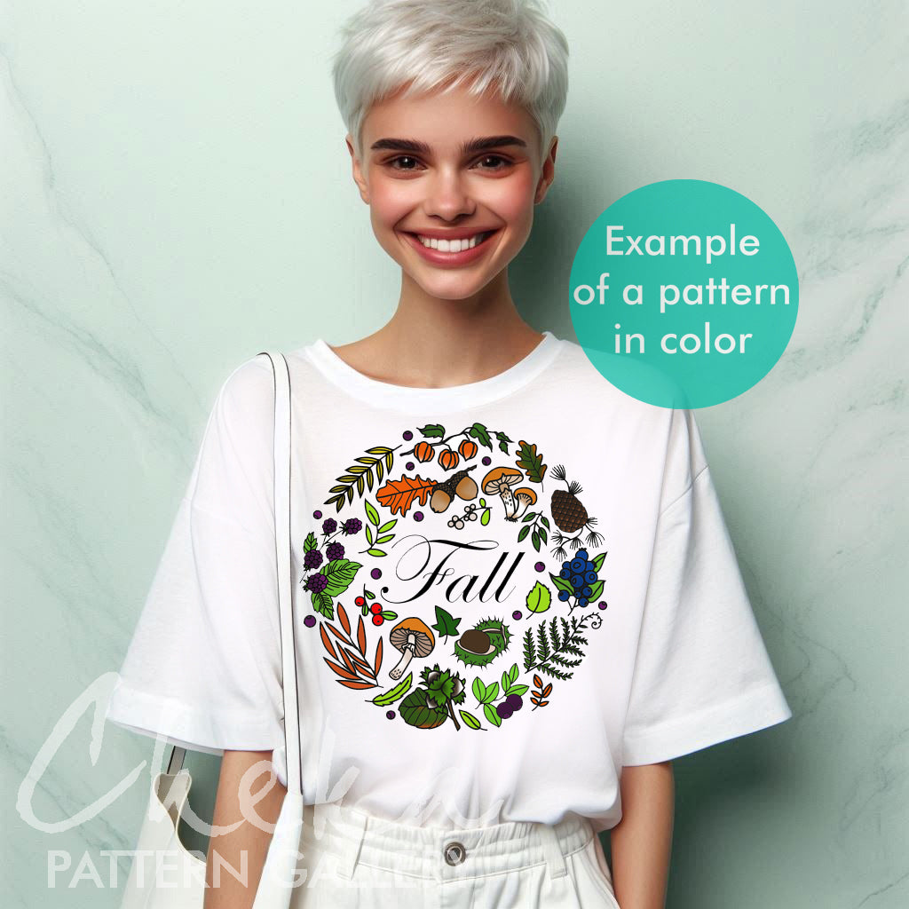 woman fall tshirt, Autumn botanical embroidery, floral pattern for hand embroidery. An embroidery calendar. Autumn embroidery pattern. Simple embroidery pattern