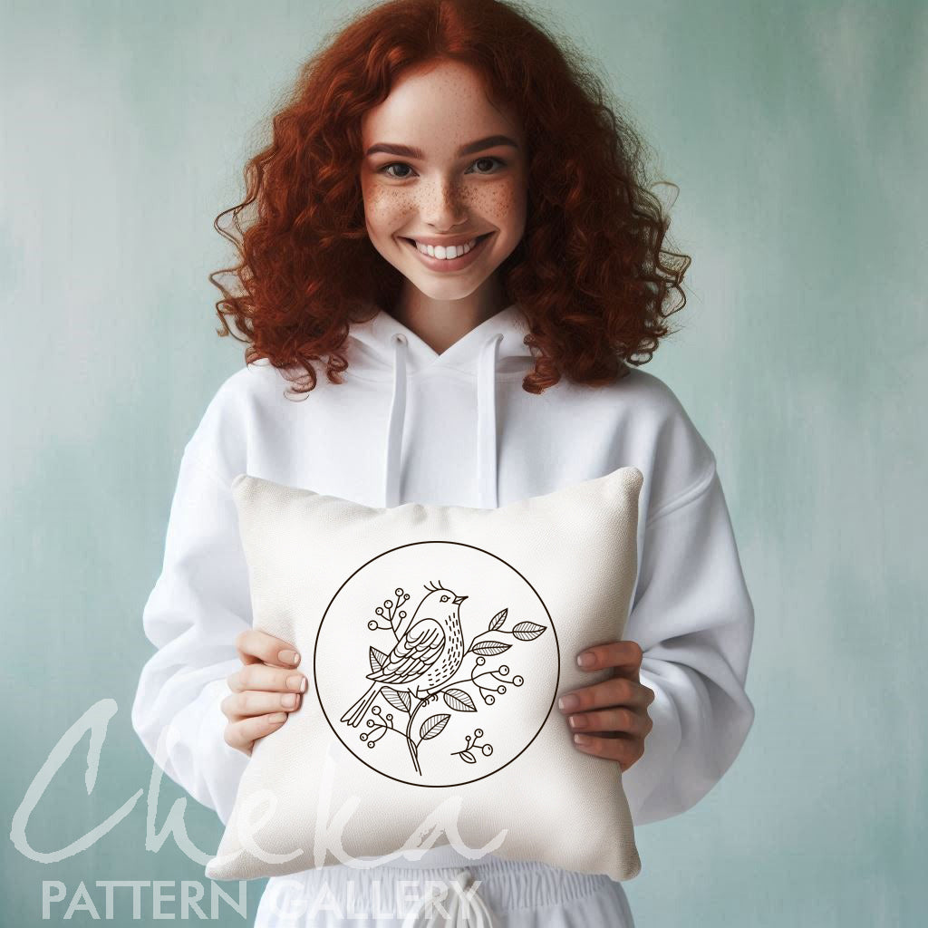 bird pillow, Bird embroidery pattern PDF, Digital embroidery scheme in PDF format, Flower point embroidery design, Flower bouquet, Hand embroidery bird