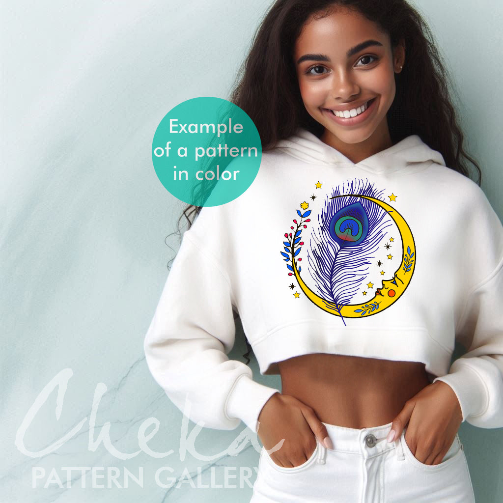 peacock hoodie, Peacock feather and moon. Simple embroidery pattern. Small peacock feather with a lunar cycle, template for hand embroidery. Peacock pattern