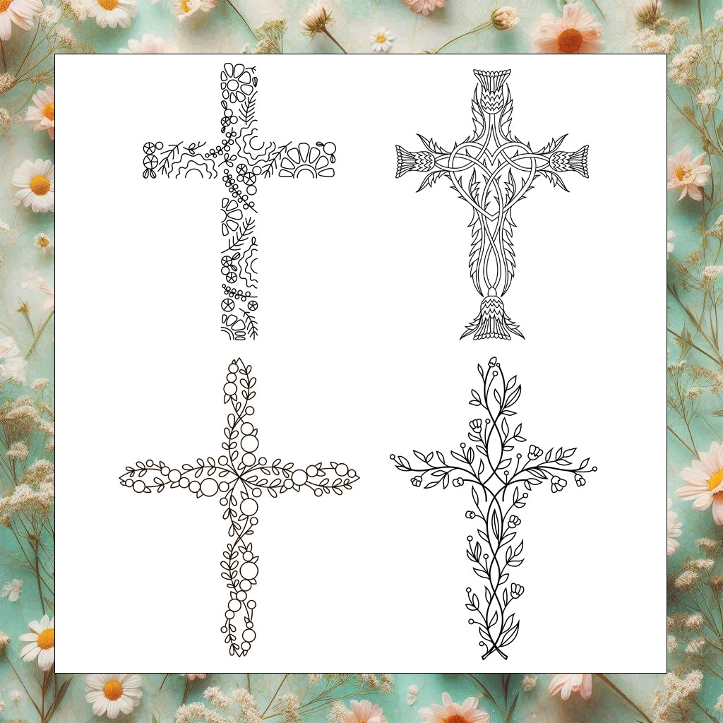 Four ornate cross designs on a white background with floral border