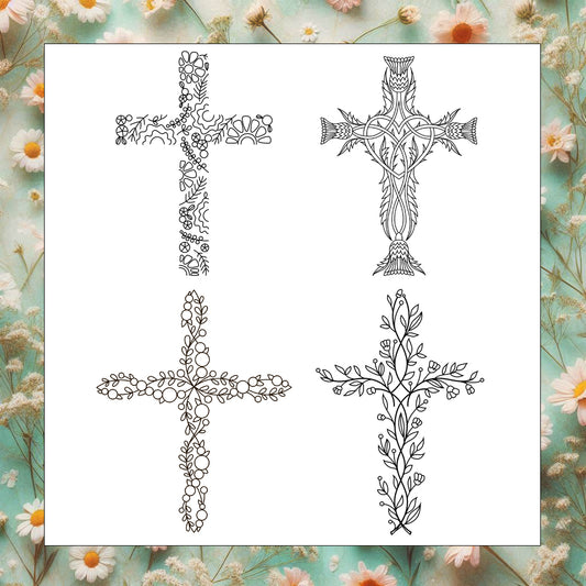 Four ornate cross designs on a white background with floral border