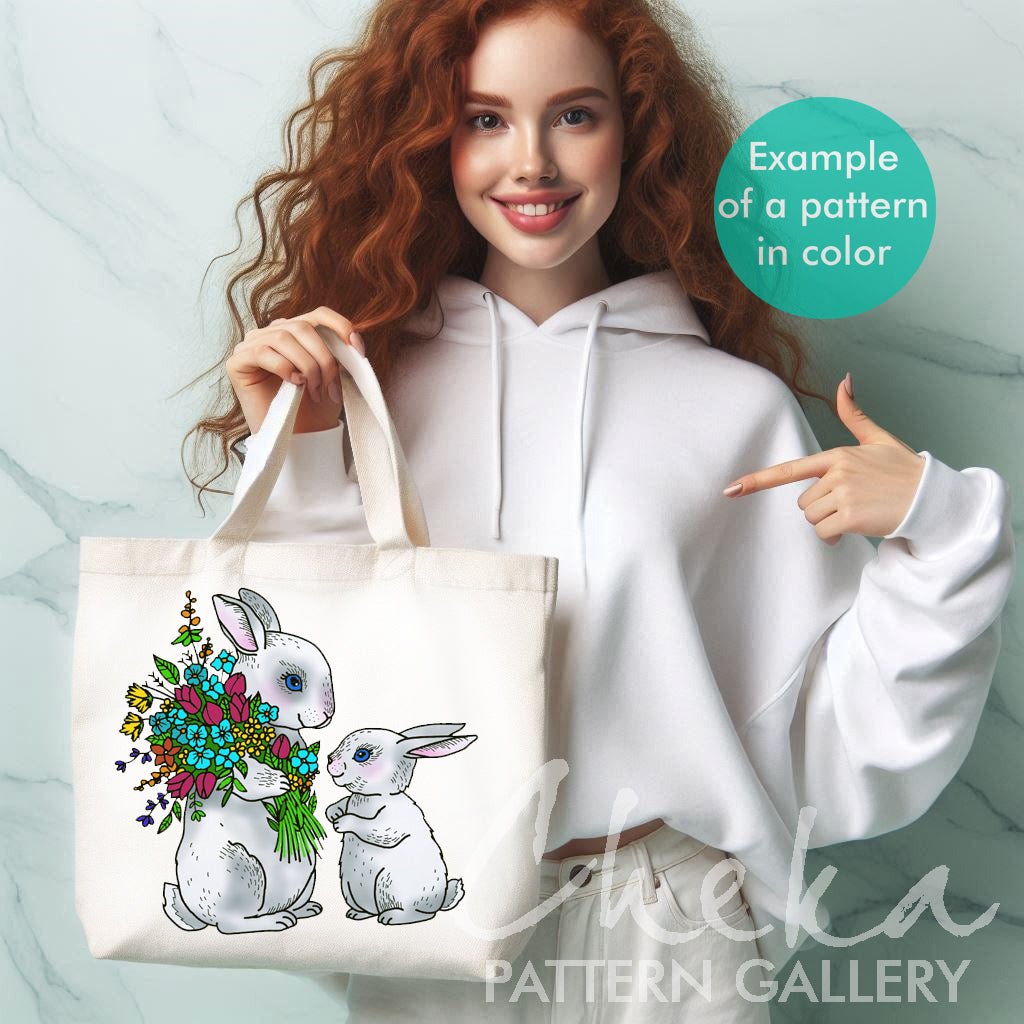 shopper bunny, Mother's Day embroidery pattern pdf,two cute rabbits with flowers,Mother's Day gift, hand embroidery pattern for Mother's Day,flower pattern