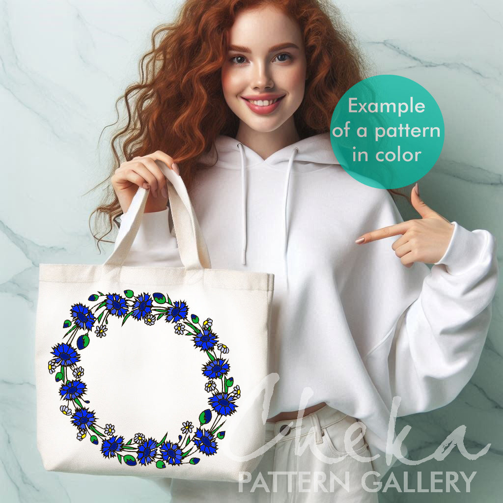 cornflower shopper, Wreath with cornflowers. Field cornflower, pattern for hand embroidery. Cornflowers and daisies, digital embroidery pattern. Floral embroidery