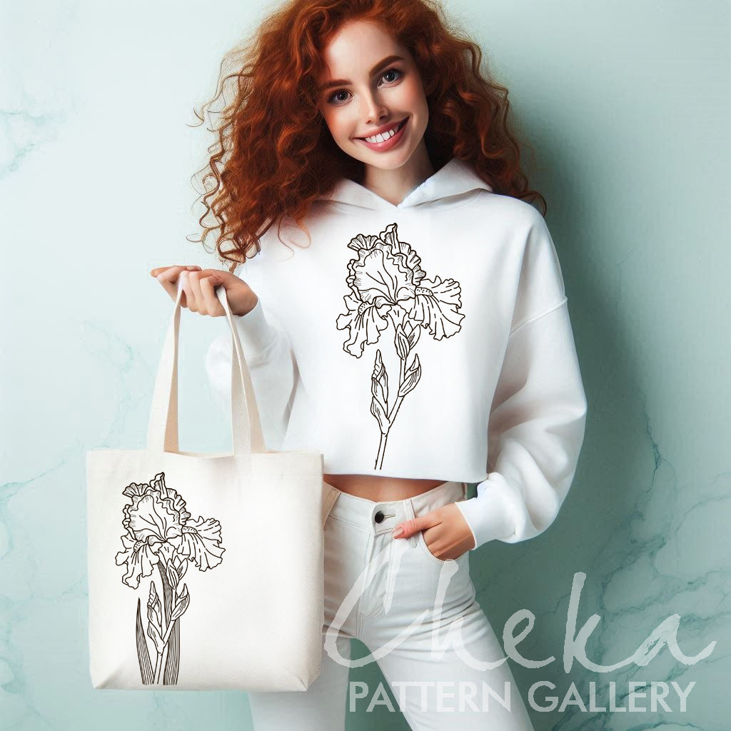 iris flower shopper, Floral embroidery, iris pattern. Botanical embroidery, beautiful iris flower. Digital pattern for hand embroidery.